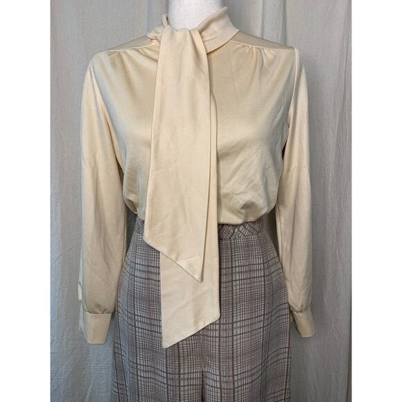 1970s Devon Neutral Academic Coquette Modest Plaid Bowtie Shirt Midi Skirt Set M - Picture 3 of 8